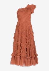 Needle & Thread Aaliyah One-Shoulder Midi Ruffled Dress Brown DB-ON-12-RAW24-CINBRICK