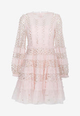 Needle & Thread Dot Shimmer Ruffled Embellished Tulle Mini Dress Pink DS-LS-71-RAW24-DUCROSE