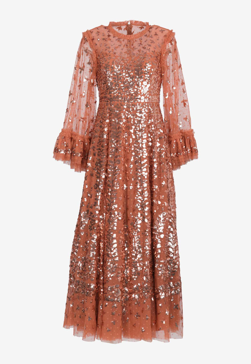 Needle & Thread Fern Sequined Gown Brick DG-LS-02-RAW24-CINBRICK