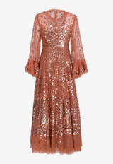 Needle & Thread Fern Sequined Gown Brick DG-LS-02-RAW24-CINBRICK