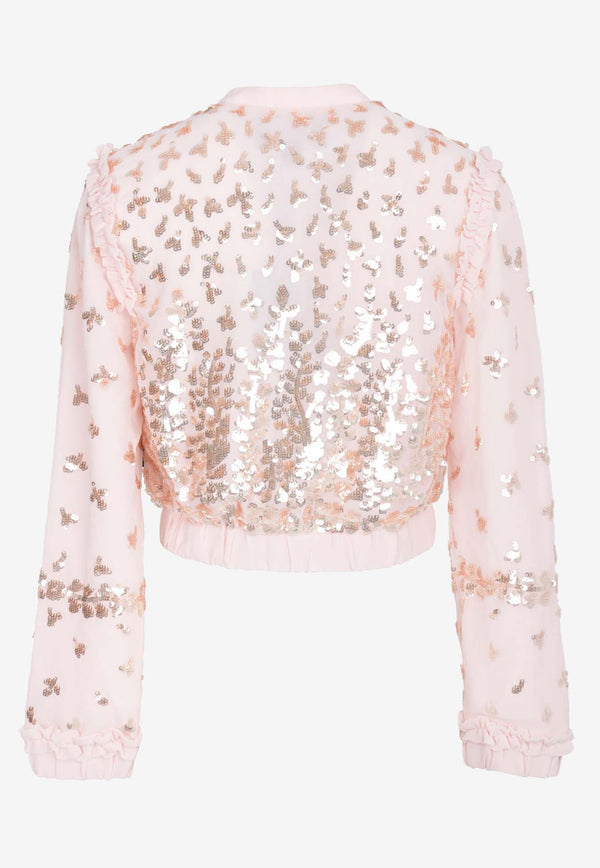 Needle & Thread Fern Georgette Sequined Bomber Jacket Pink JK-LS-02-RAW24-DUCLIGHT PINK