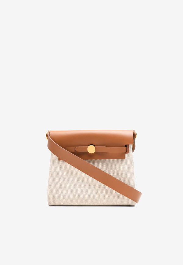 Mini Herbag Zip Retourne 20 in Ecru and Beige H Viking Canvas and Fauve Hunter with Gold Hardware