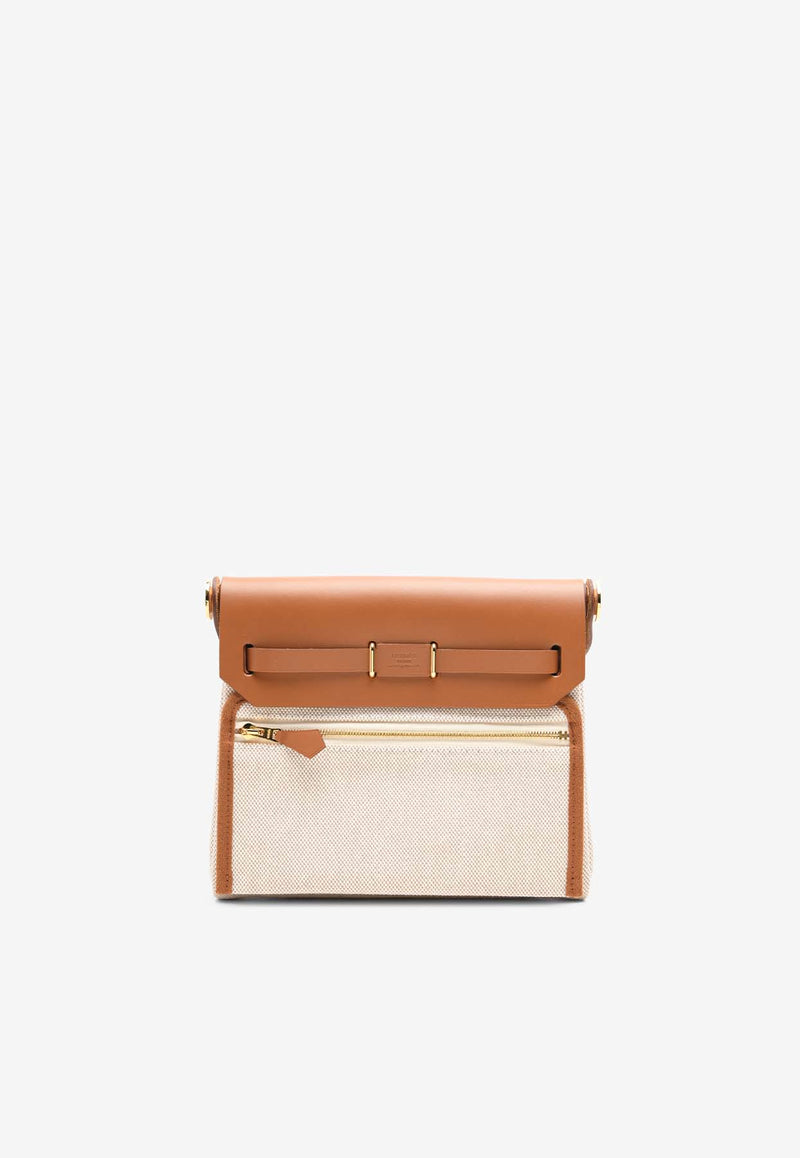 Mini Herbag Zip Retourne 20 in Ecru and Beige H Viking Canvas and Fauve Hunter with Gold Hardware