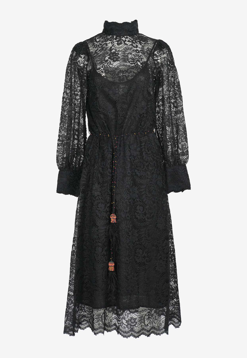 Farm Rio High-Neck Lace Midi Dress Black 330416BLACK