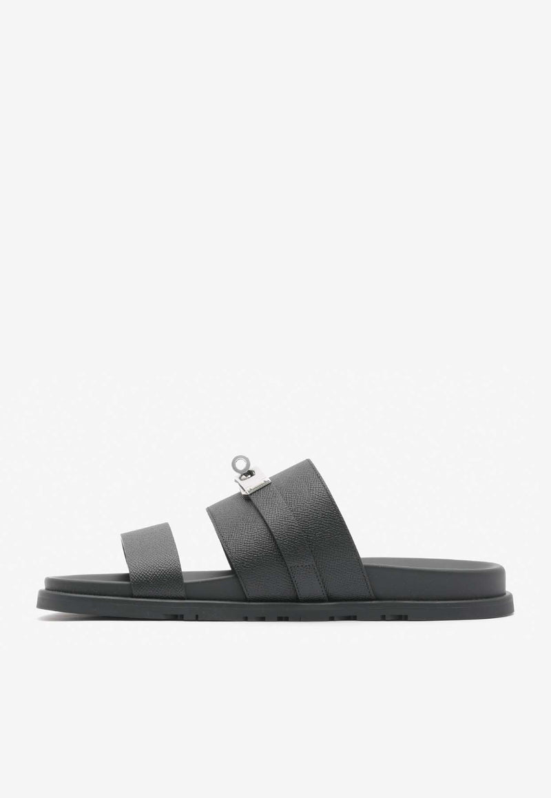 Hermès Jackson Sandals in Black Epsom with Palladium Kelly Buckle