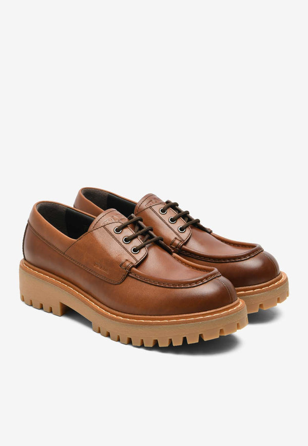 Prada Embossed Logo Leather Derby Shoes Cognac 2EE416G000070/Q_PRADA-F0046