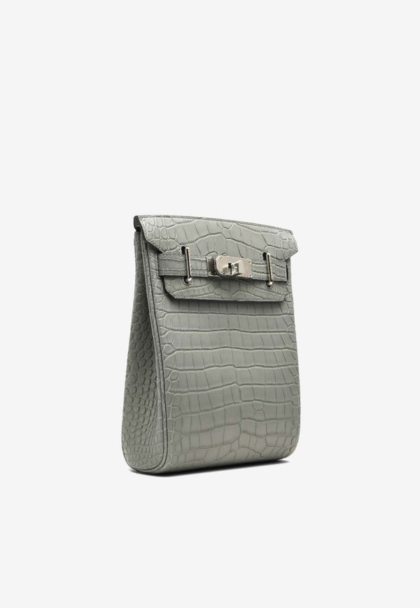 Hac A Dos PM Backpack in Gris Ciment Alligator Mississippiensis Leather with Palladium Hardware