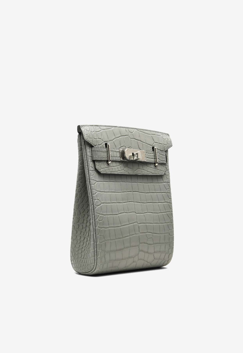 Hac A Dos PM Backpack in Gris Ciment Alligator Mississippiensis Leather with Palladium Hardware