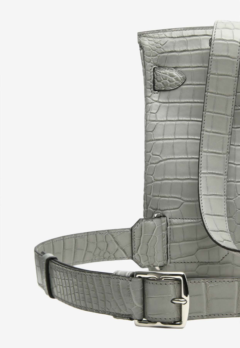 Hac A Dos PM Backpack in Gris Ciment Alligator Mississippiensis Leather with Palladium Hardware