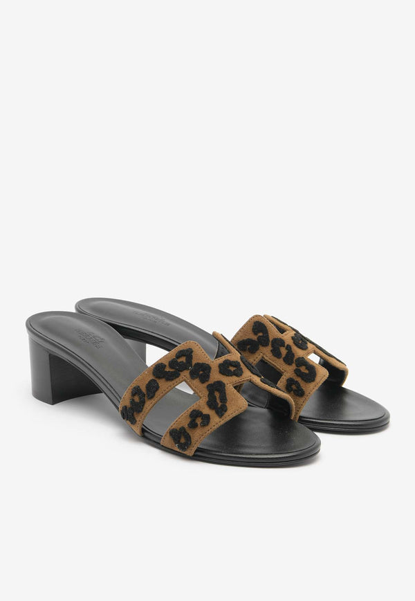 Hermès Oasis 50 Sandals in Leopard Print Tufted Suede Brun Fumé