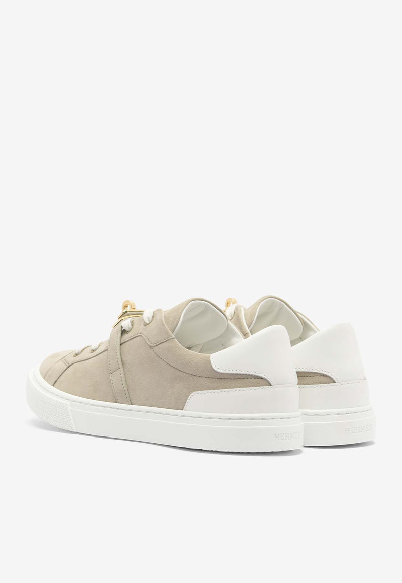 Hermès Day Permabrass Kelly Buckle Sneakers in Suede Beige Esquisse