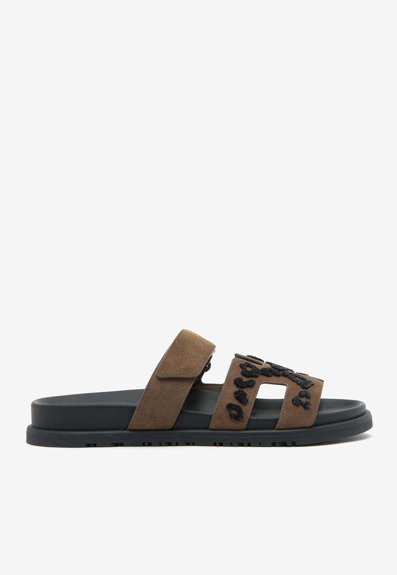 Hermès Chypre Sandals in Brun Fumé and Black Tufted Suede