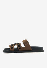 Hermès Chypre Sandals in Brun Fumé and Black Tufted Suede