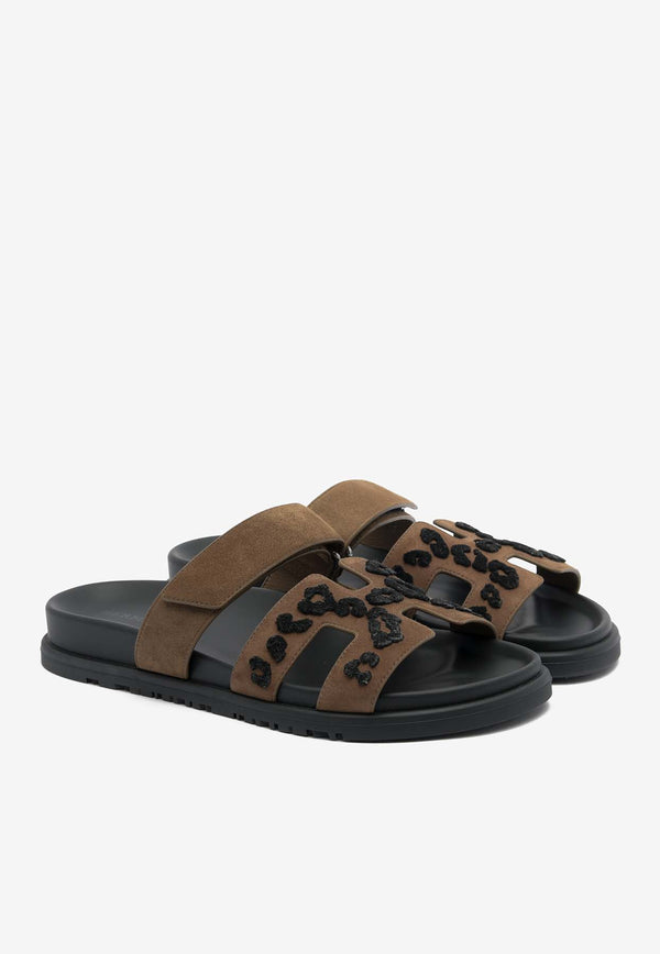 Hermès Chypre Sandals in Brun Fumé and Black Tufted Suede