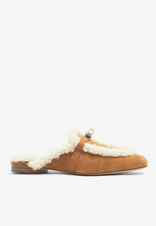 Hermès Oz Flat Mules with Suede and Shearling with Palladium Kelly Buckle