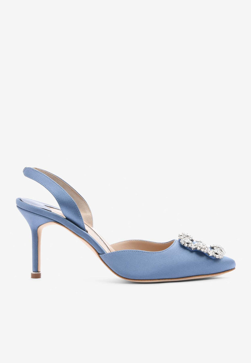 Manolo Blahnik Hangisli 70 Crystal Buckle Slingback Pumps Blue 419-0698BLUE