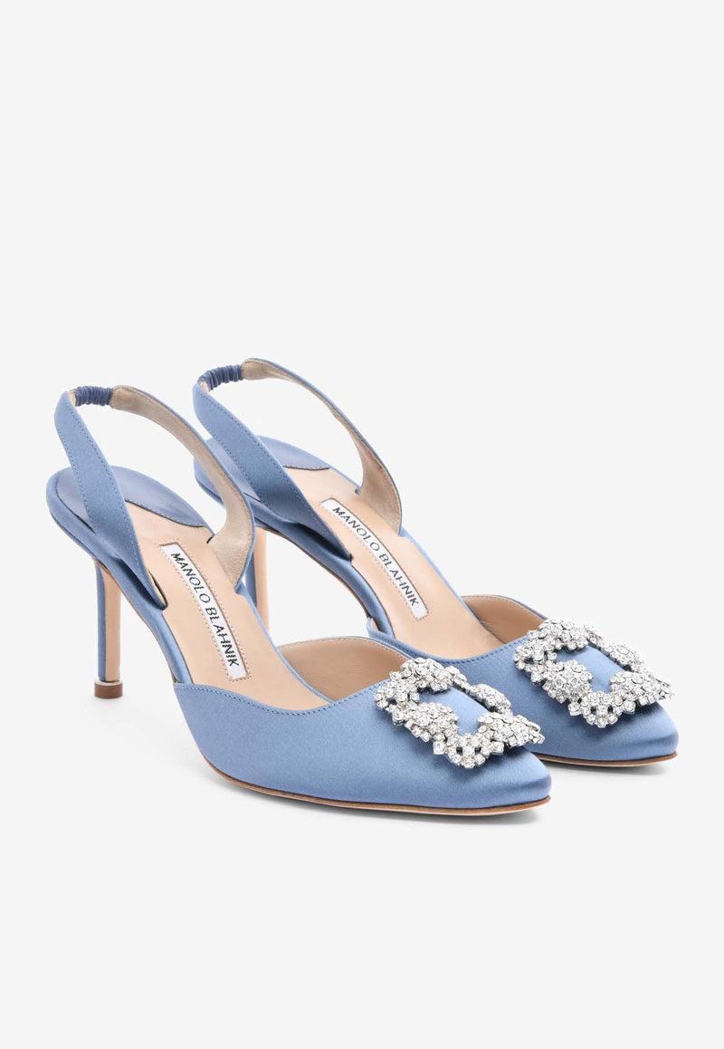 Manolo Blahnik Hangisli 70 Crystal Buckle Slingback Pumps Blue 419-0698BLUE