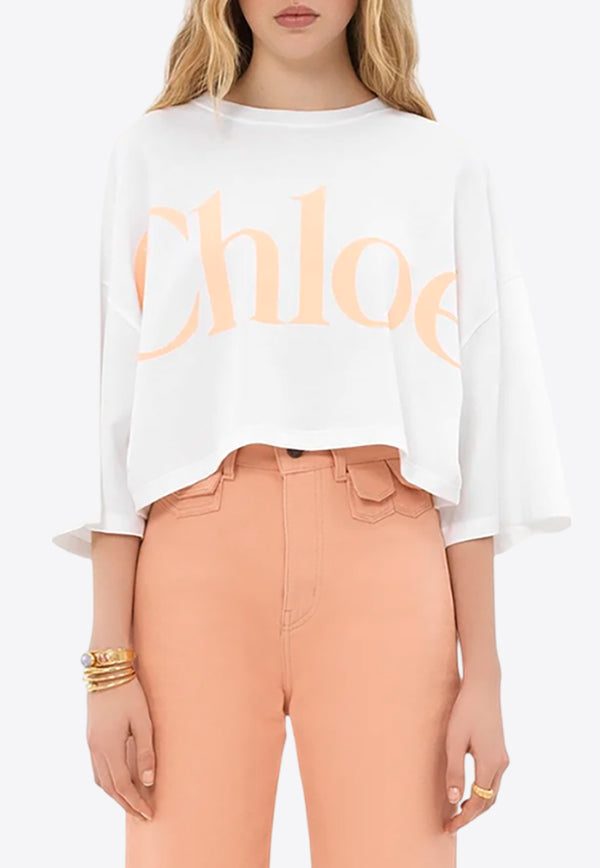 Chloé Logo Print Oversized Cropped T-shirt White CH25UJH09183101 White