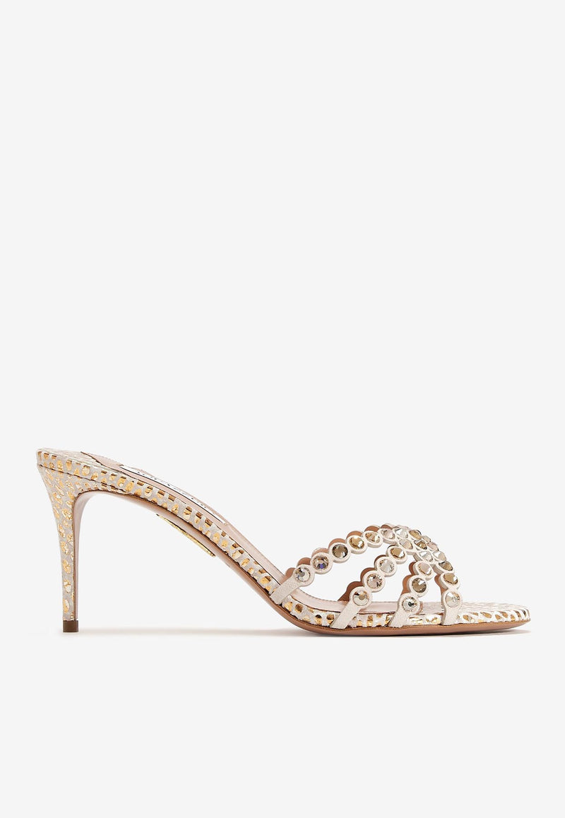 Aquazzura Tequila 75 Crystal Embellished Mules Cream TQLMIDM0-DGN-SOG