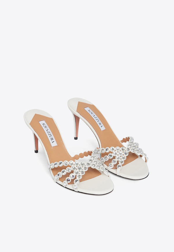 Aquazzura Tequila 75 Crystal Embellished Mules in Nappa Leather TQLMIDM0-NAPFFF WHITE