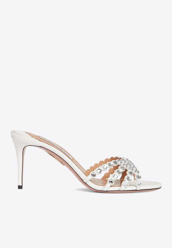 Aquazzura Tequila 75 Crystal Embellished Mules in Nappa Leather TQLMIDM0-NAPFFF WHITE