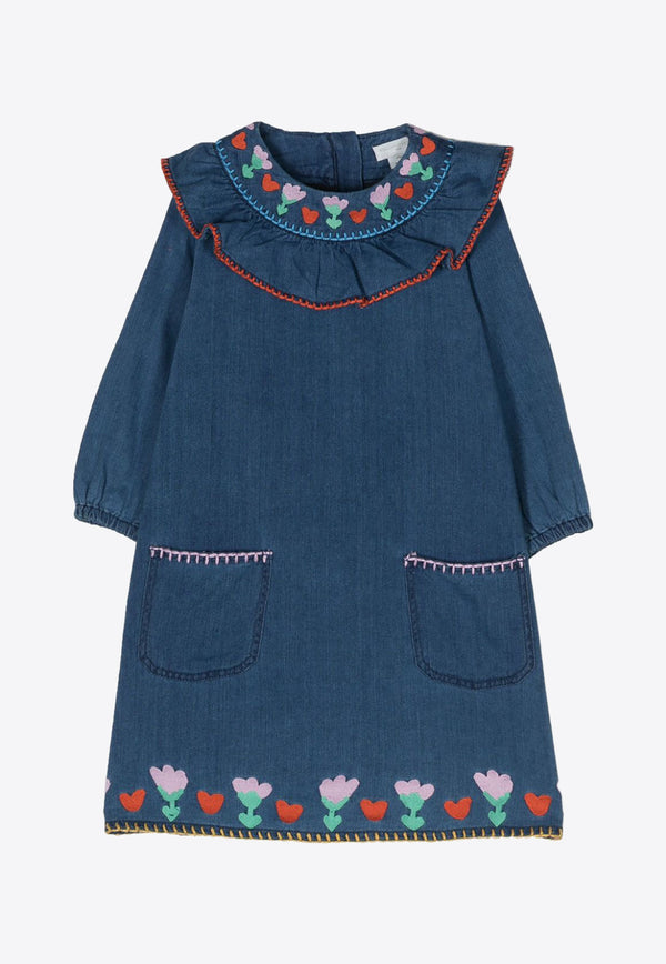 Stella McCartney Kids Girls Folk Flower Embroidered Dress Blue