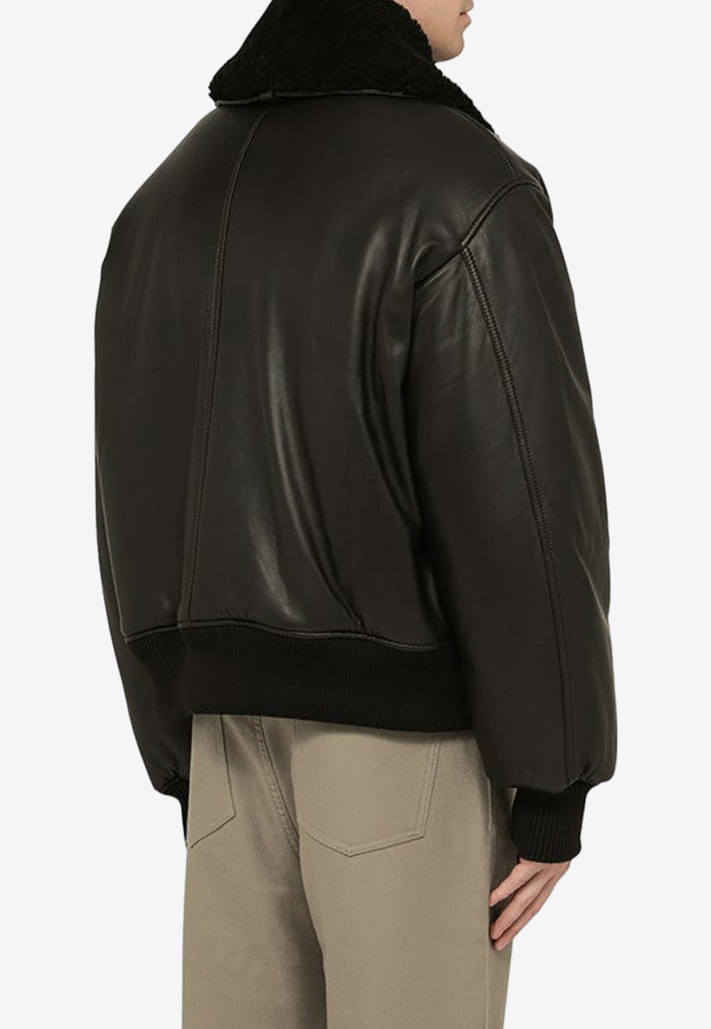 AMI PARIS Shearling-Collar Leather Bomber Jacket Black UJK027552/N_AMI-001