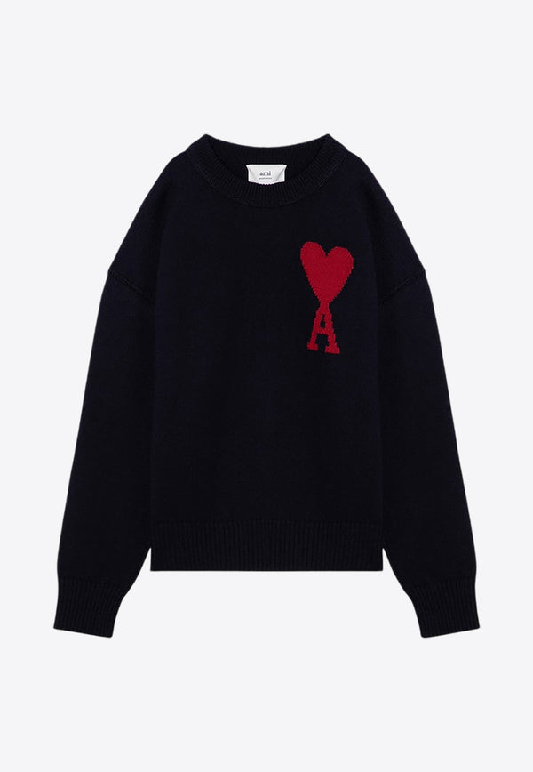 AMI PARIS Ami De Coeur Intarsia Knit Wool Sweater Blue UKS006018/P_AMI-414