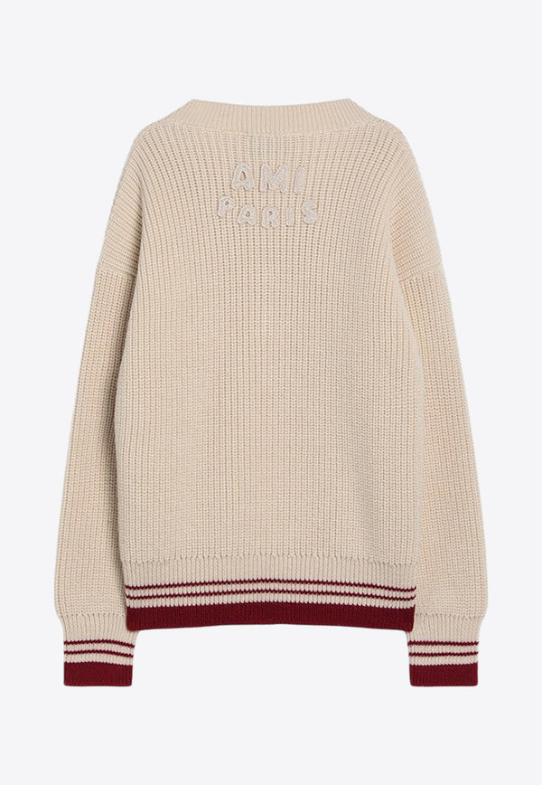 AMI PARIS V-neck Ribbed Wool Sweater Cream UKS268KN0068/Q_AMI-136