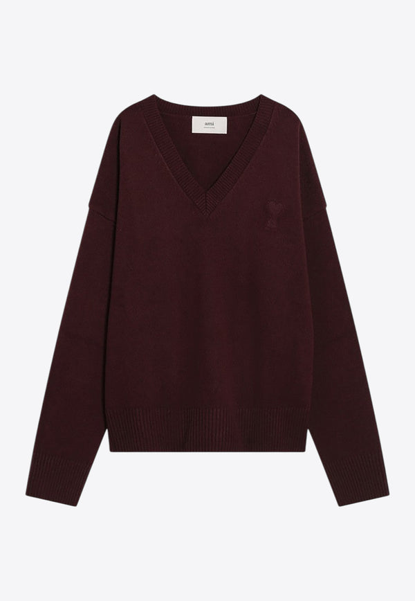AMI PARIS Ami De Coeur V-neck Wool Sweater Burgundy UKS820UKN0071/R_AMI-692
