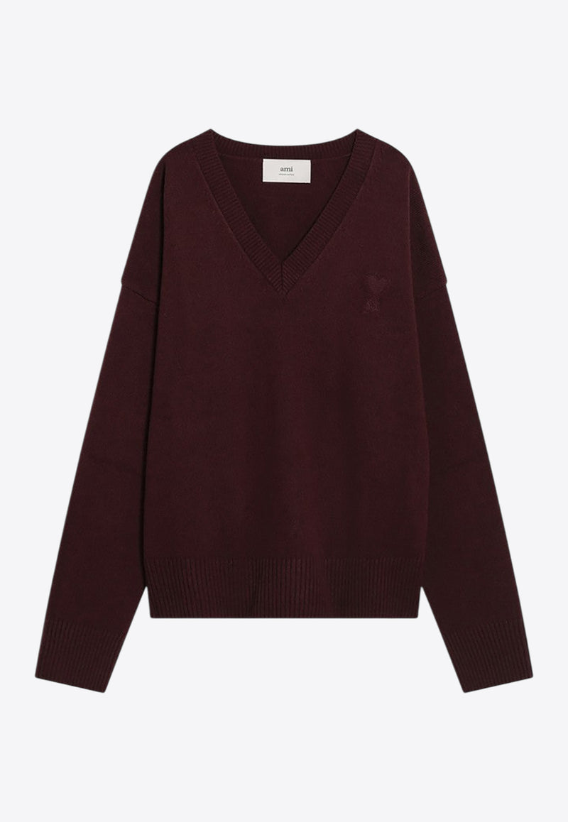 AMI PARIS Ami De Coeur V-neck Wool Sweater Burgundy UKS820UKN0071/R_AMI-692