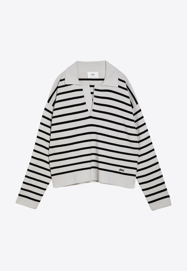 AMI PARIS Logo Embroidered Striped Polo Sweater White UPL336KN0041/O_AMI-194