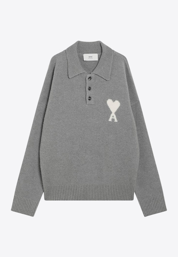 AMI PARIS Ami De Coeur Polo Sweater Gray UPL408UKN0135/R_AMI-058_323-L