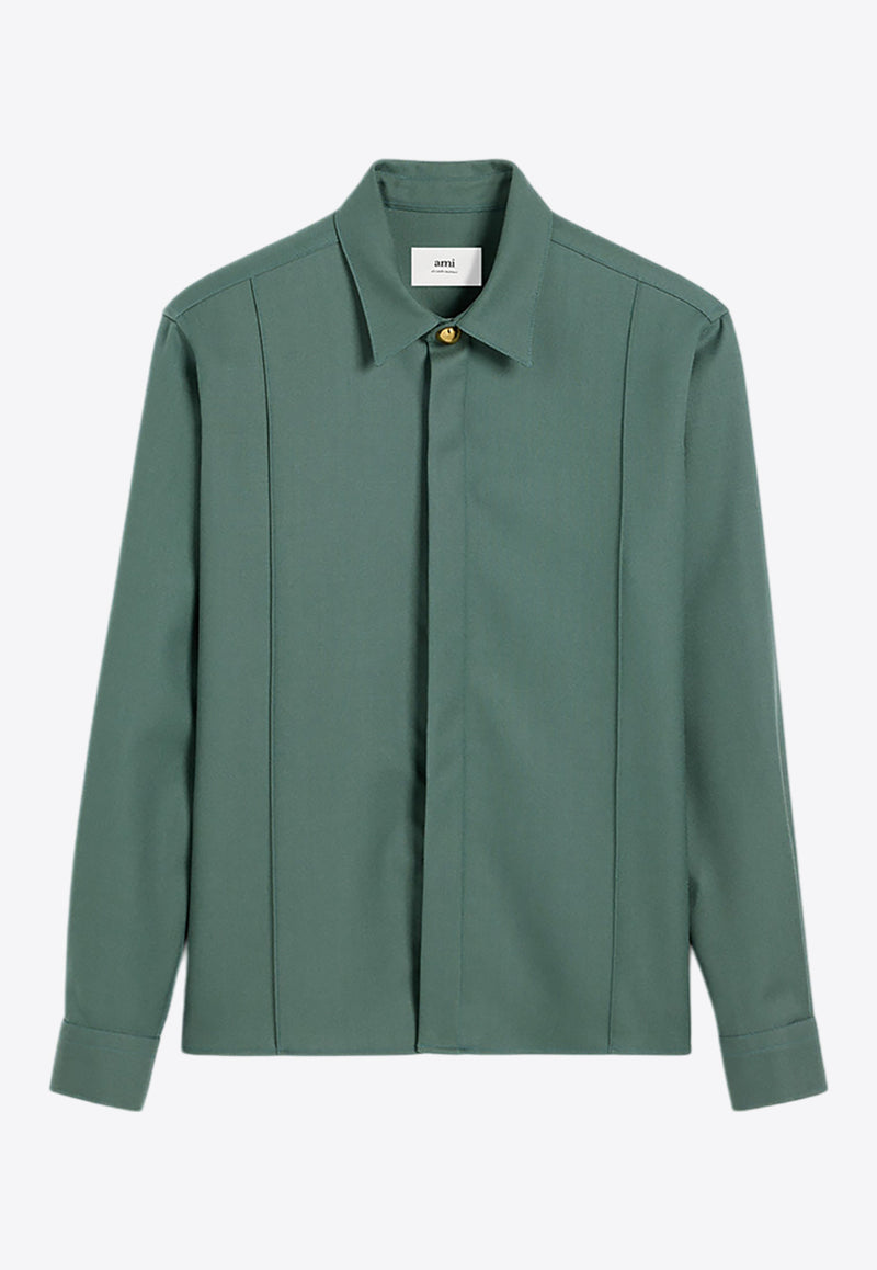 AMI PARIS Pintuck Long-Sleeved Wool Shirt Green USH012.WV0053GREEN