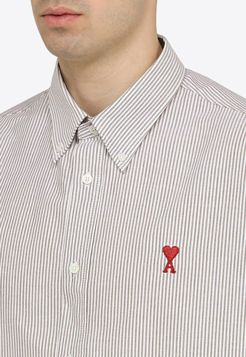 AMI PARIS Logo Embroidered Long-Sleeved Stripe Shirt White USH130CO0021/O_AMI-039