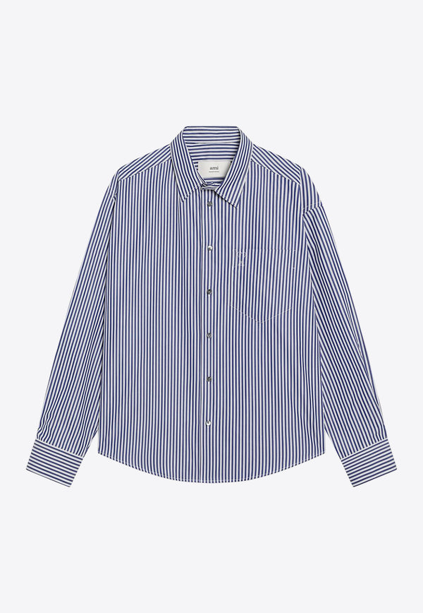 AMI PARIS Logo Embroidered Striped Long-Sleeved Shirt Blue USH766CO0133/R_AMI-4901