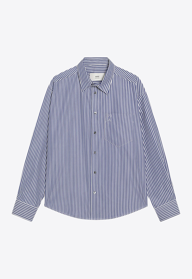 AMI PARIS Logo Embroidered Striped Long-Sleeved Shirt Blue USH766CO0133/R_AMI-4901