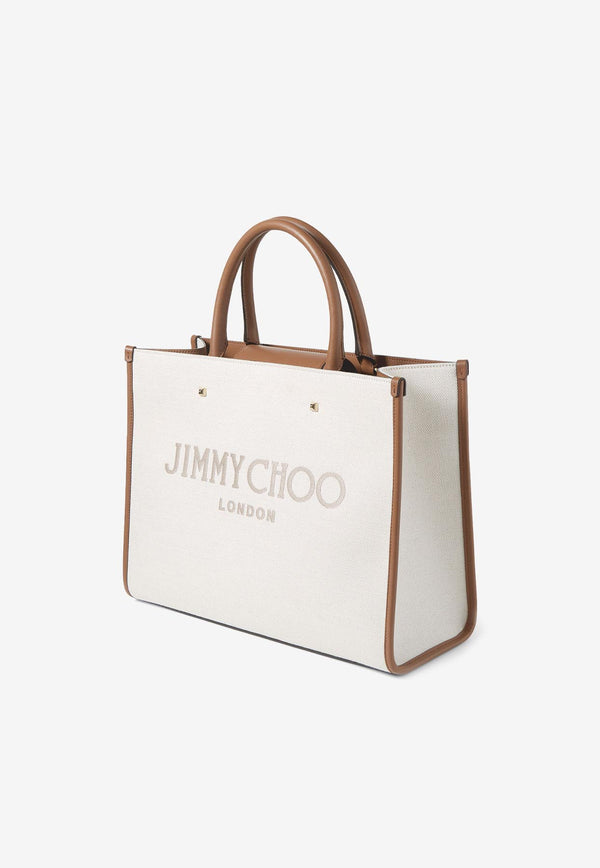Jimmy Choo Medium Avenue Logo Tote Bag VARENNE M TOTE LJJ NATURAL/TAUPE/DARK TAN/LIGHT G