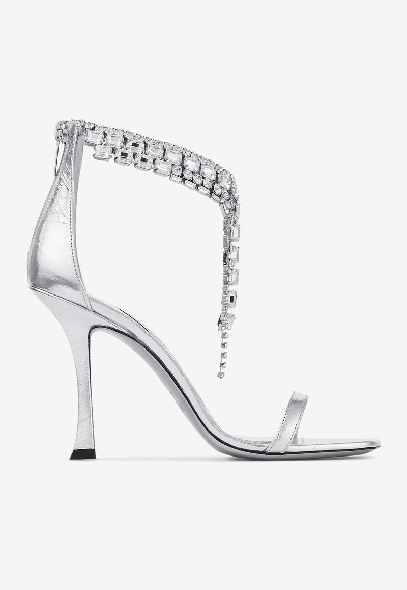 Jimmy Choo Verity 100 Crystal-Embellished Metallic Leather Sandals VERITY SANDAL100 BYK SILVER Silver