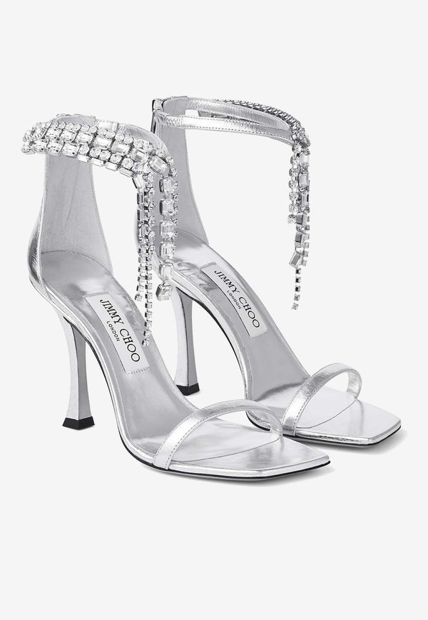 Jimmy Choo Verity 100 Crystal-Embellished Metallic Leather Sandals VERITY SANDAL100 BYK SILVER Silver