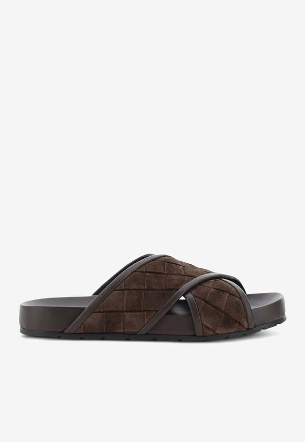 Bottega Veneta Tarik Intrecciato Suede Leather Slides Brown 786883V3QE02113_80179