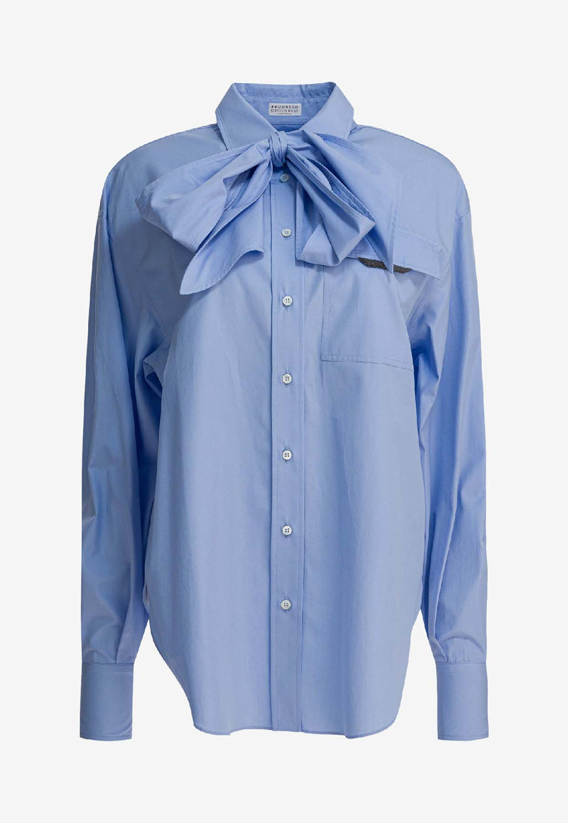 Brunello Cucinelli Long-Sleeved Buttoned Shirt with Bow Blue MH772MY526C172_93c87336-3f90-4005-b8ac-9453e25fecb4