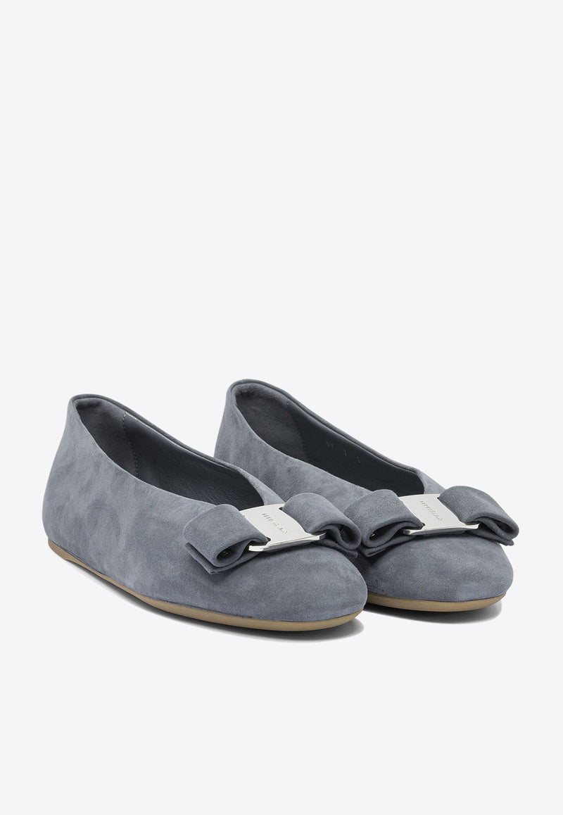Ferragamo Vanna Vara-Bow Suede Ballet Flats Gray 0785476_82219