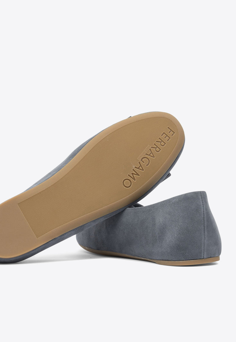 Ferragamo Vanna Vara-Bow Suede Ballet Flats Gray 0785476_82219