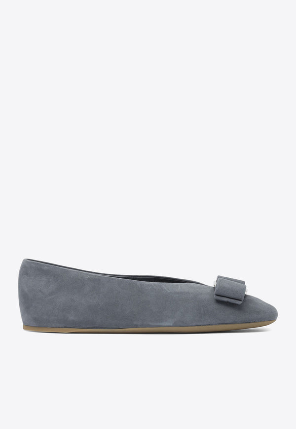 Ferragamo Vanna Vara-Bow Suede Ballet Flats Gray 0785476_82219