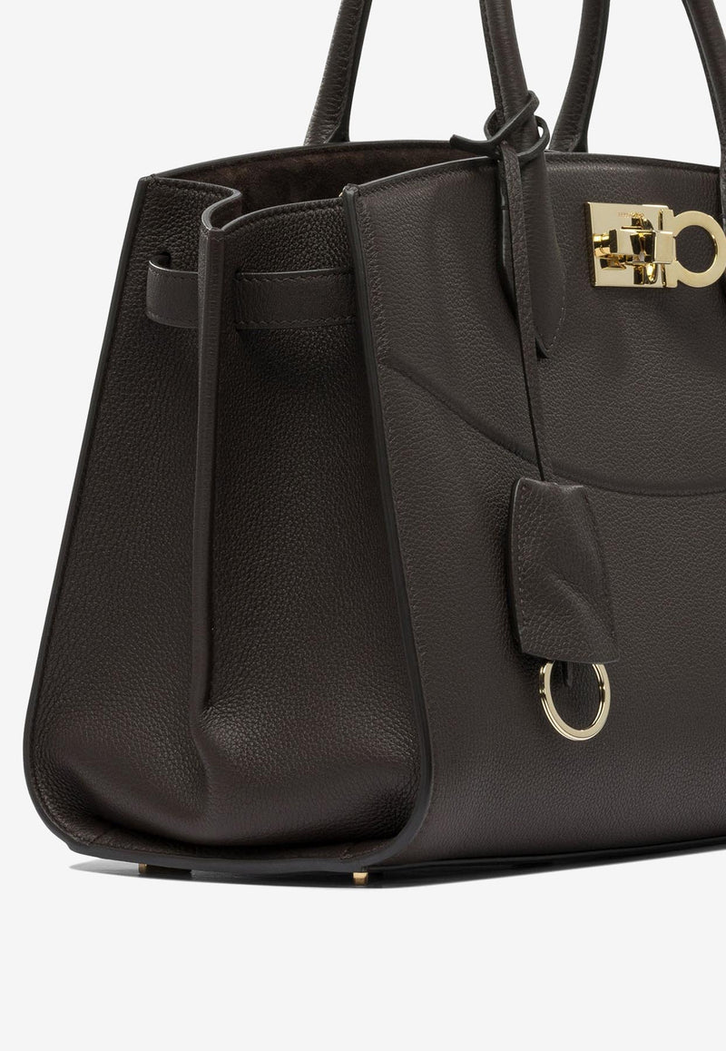 Ferragamo Large Studio Leather Top Handle Bag Brown 0785996_82236
