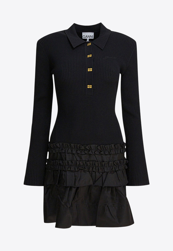 GANNI Flared Mini Polo Dress Black K2523099_492b0412-425e-4b02-ad20-373f23b840cb