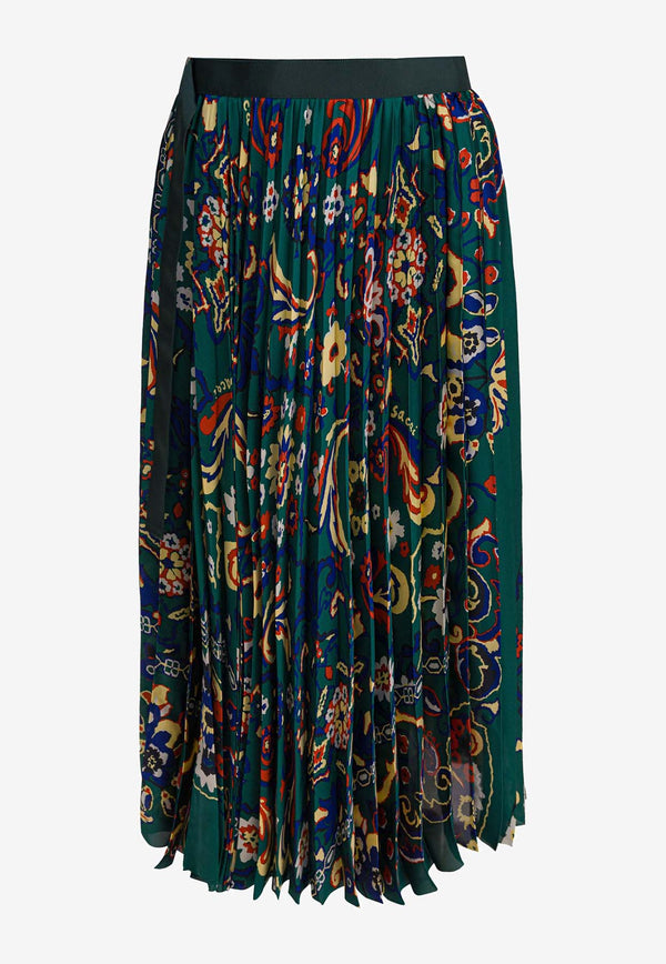 Sacai Floral Print Pleated Midi Skirt
 Green 25-07982551_82962