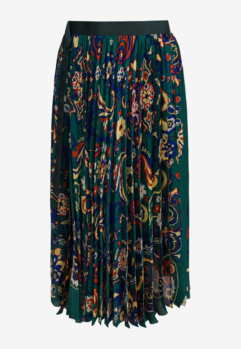 Sacai Floral Print Pleated Midi Skirt
 Green 25-07982551_82962