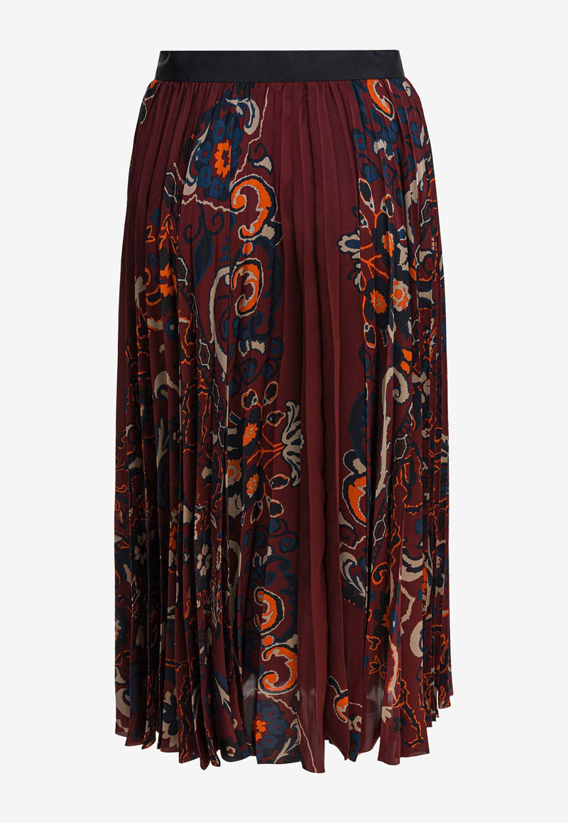 Sacai Floral Print Pleated Midi Skirt
 Burgundy 25-07982701_83002